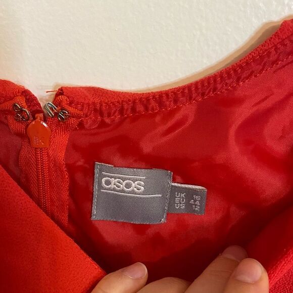 ASOS Red Ruffle Mini Fit & Flare Mini Dress Size 12 - Picture 4 of 10